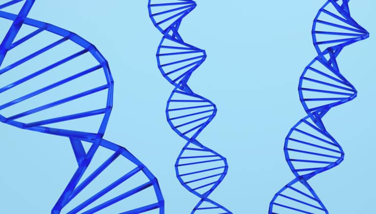 illustration of three vertical strands of DNA on blue