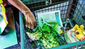 A person fills a shopping basket with food items at a food pantry.