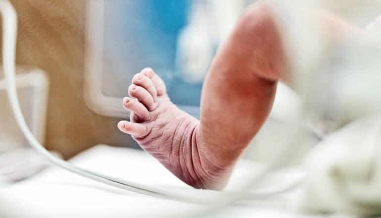 A newborn baby's foot as it lays in a hospital bassinet.