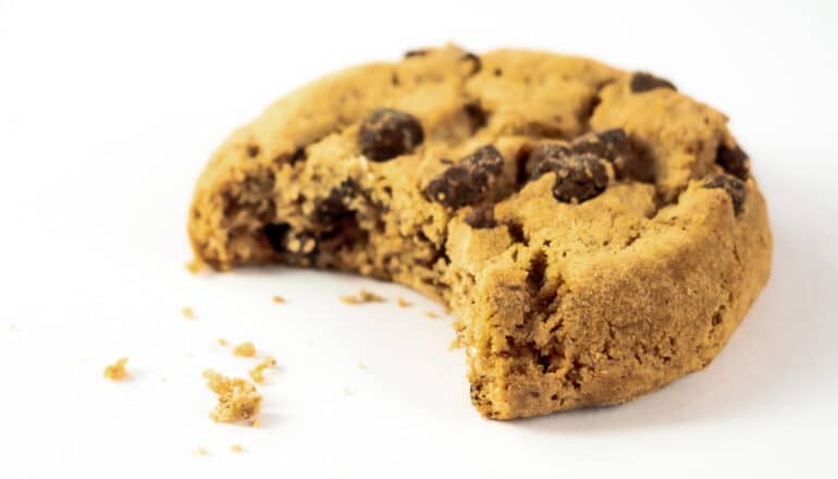 A chocolate chip cookie with a bite taken out of it sits on a white background.