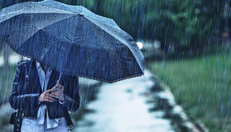 A woman walks in the rain with an umbrella.