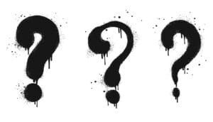 Three black spray-painted question marks on a white background.