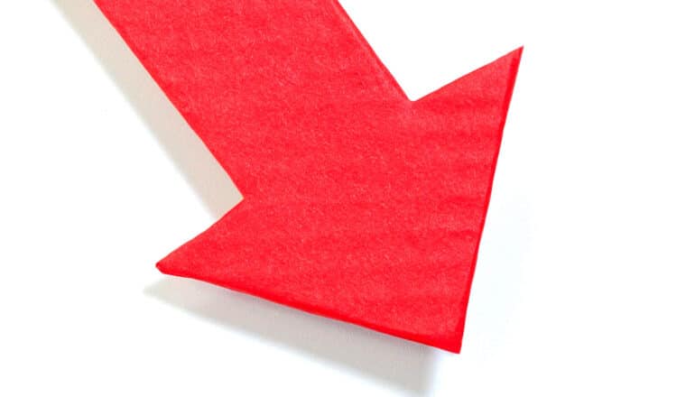 A downward pointing red arrow.