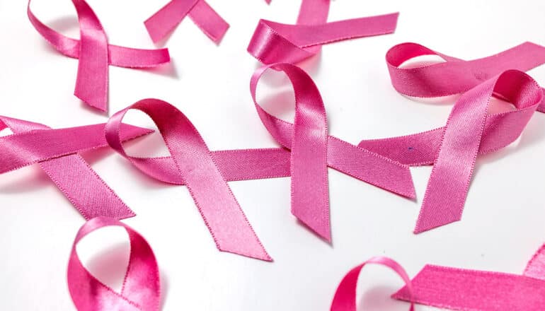 Several pink ribbons on a white background.