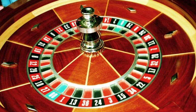 A roulette wheel at a casino.