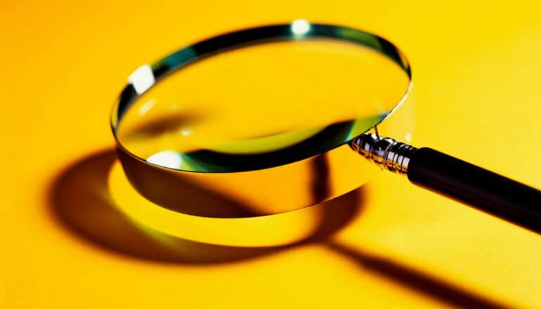 A magnifying glass sits on a yellow surface.