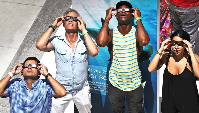 Four people look up at an eclipse while holding eclipse safety glasses over their eyes.