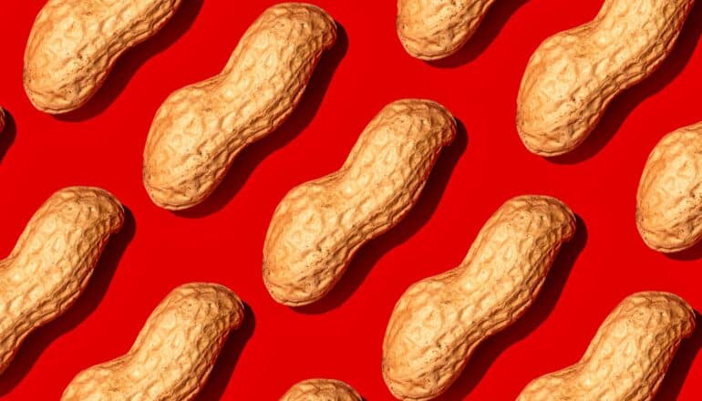 Rows of peanuts sit on a red background.