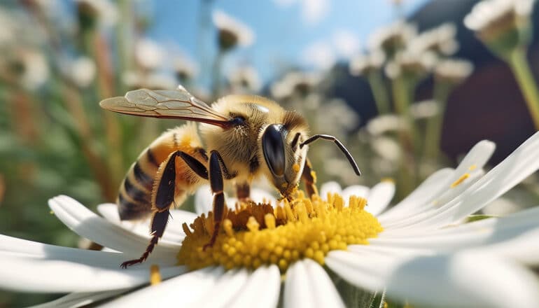 A honey bee stands on a white flower with its face touching the yellow pollen at the flower's center.