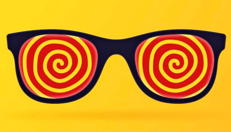 Glasses with red and yellow swirls in the lenses to look like "X-ray specs."