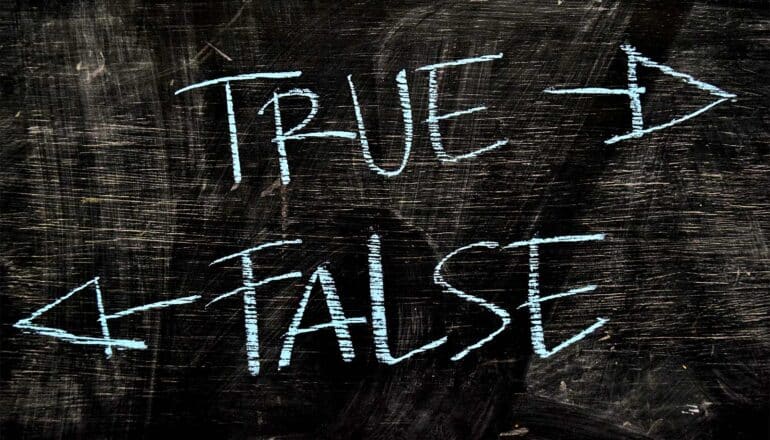 The words "true" and "false" written in blue chalk on a black chalkboard with arrows pointing in opposite directions.