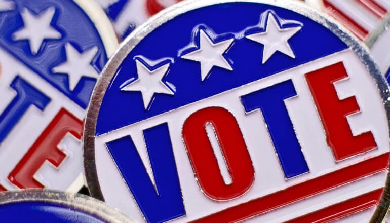 Many buttons with the word "vote" on them sit in a pile.