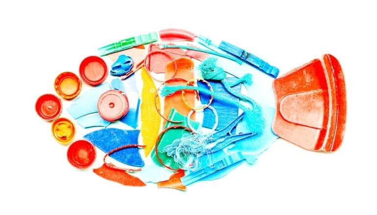 Many pieces of plastic trash arranged in the shape of a fish on a white background.