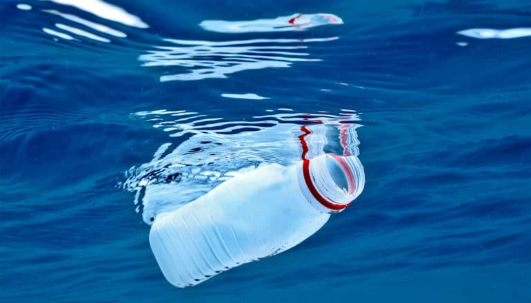 A plastic bottle floats in water.