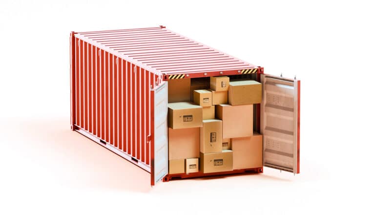 A shipping container on a white background is open, showing many cardboard boxes inside.