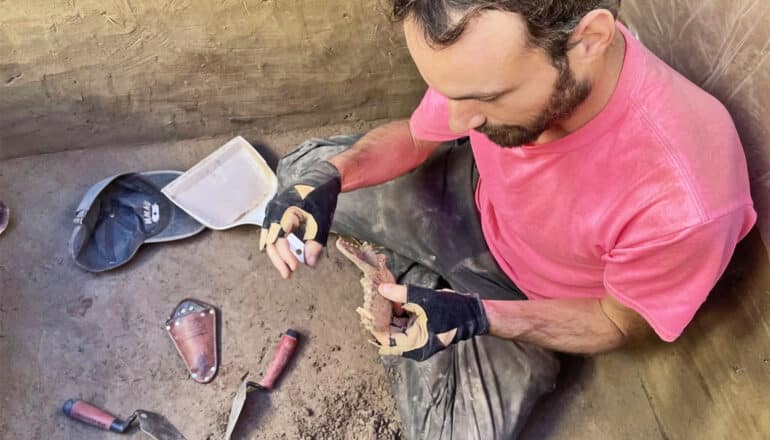 Lanoë sits in an excavation pit and examines a partially intact jawbone.