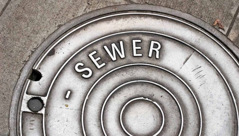 A city manhole cover has the word "sewer" on it.