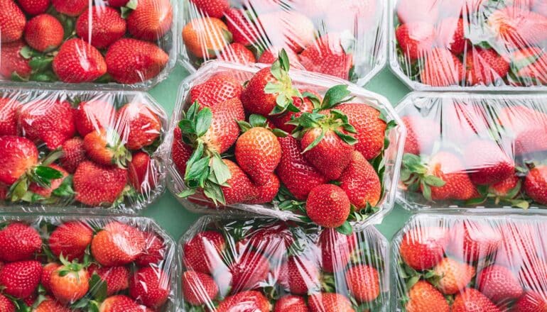 Several containers of strawberries wrapped in plastic.